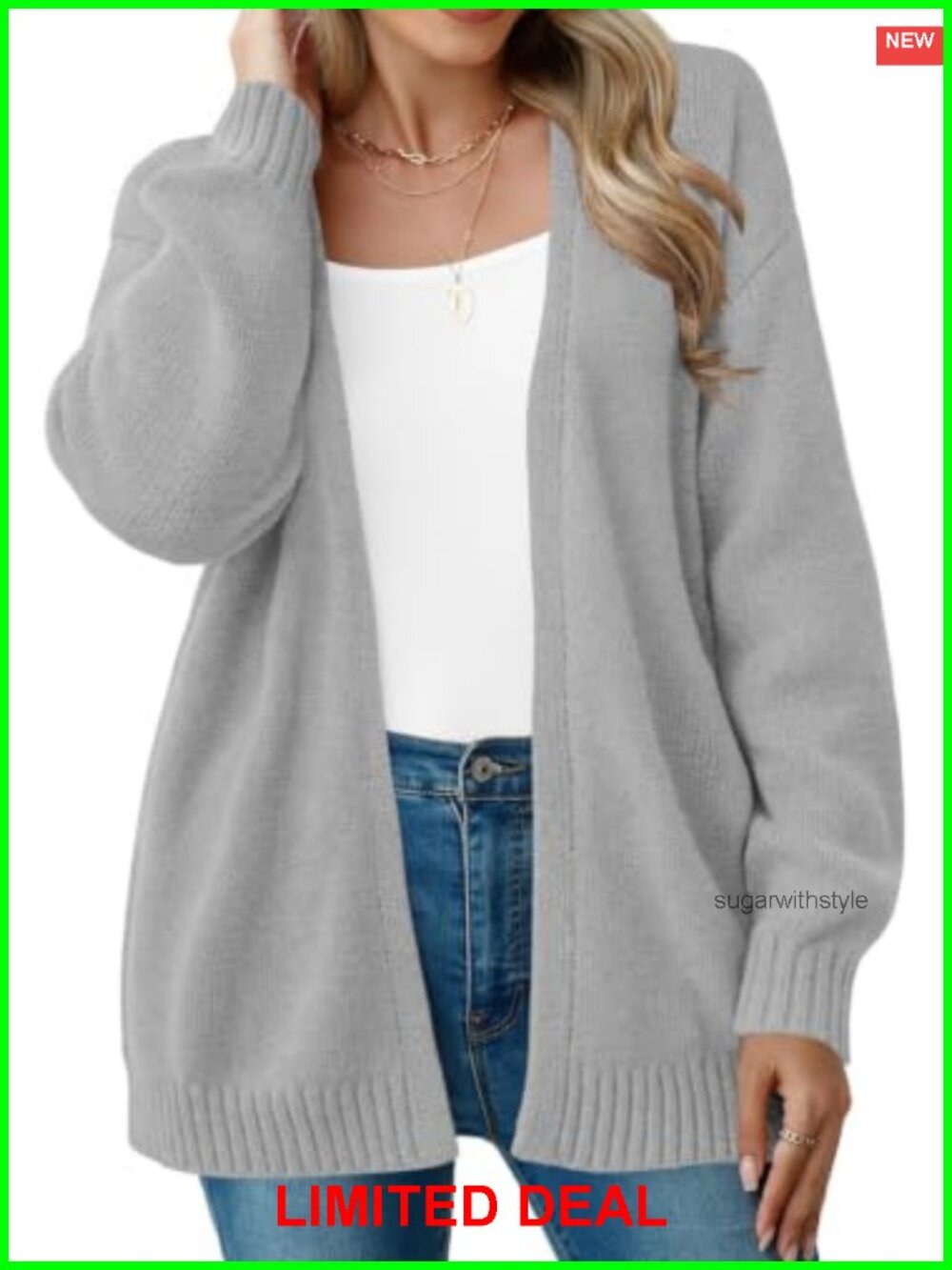 Oversized Open-Front Cable-Knit Cardigan Acrylic Long Puff Sleeve